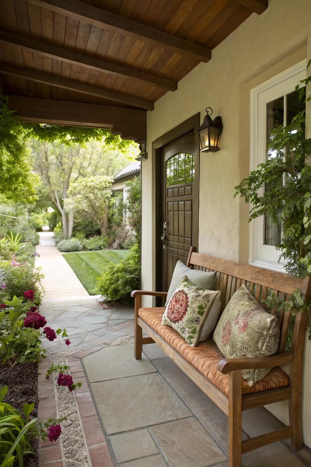 A cozy bench with pillows offers comfort and style.