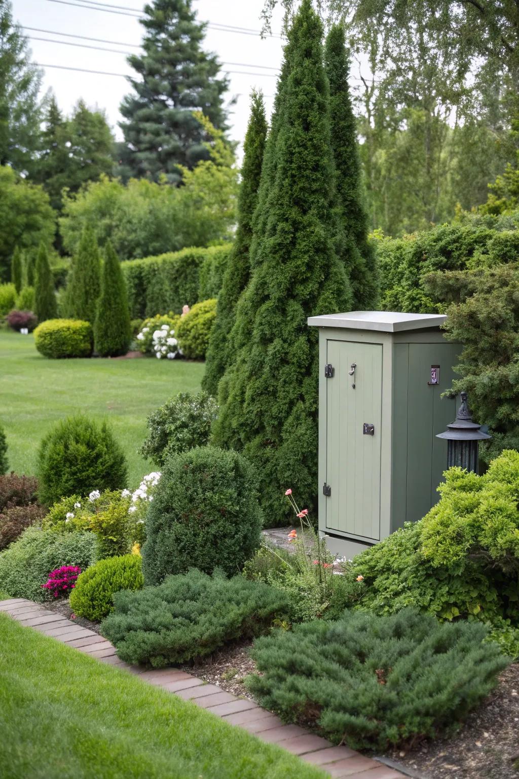 Evergreen shrubs offer a natural and timeless way to hide utility boxes.