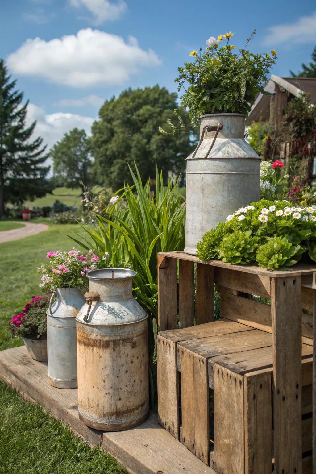 Antique finds repurposed into charming outdoor decor.