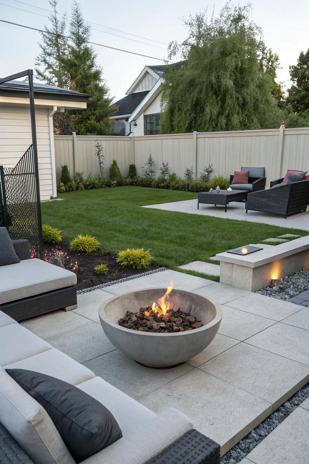 A bowl-shaped fire pit adds a modern flair to any outdoor setting.