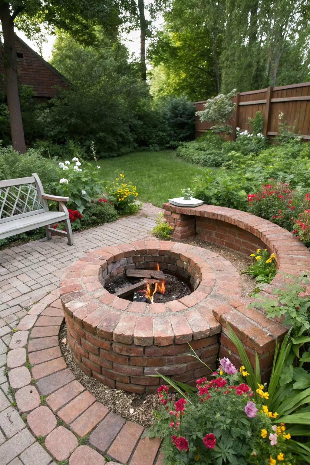 Repurposed bricks make for a charming and cost-effective fire pit.