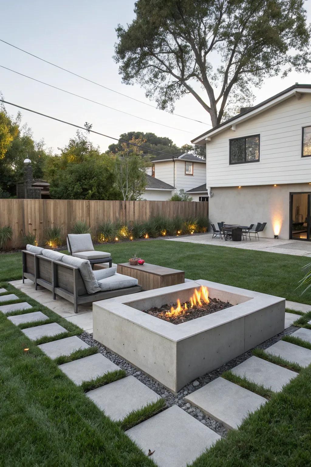 Modern elegance with a minimalist concrete fire pit.