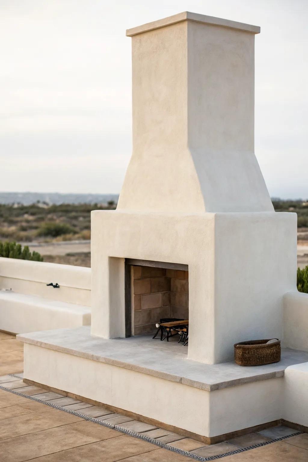 A modern minimalist stucco fireplace with a calming, sleek design.