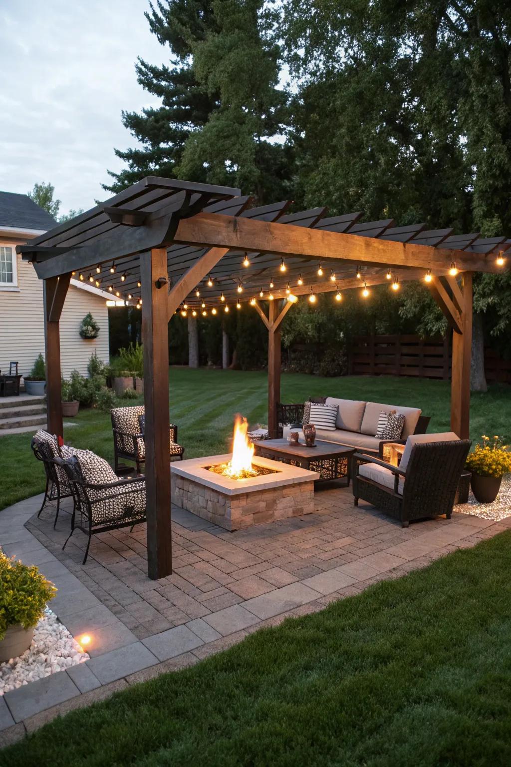 Enjoy the warmth of a built-in fire pit under your pergola.