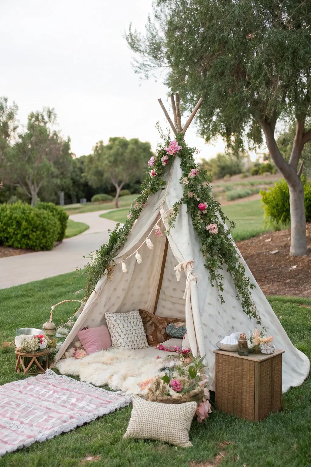 Create a warm, inviting space with a rustic teepee.