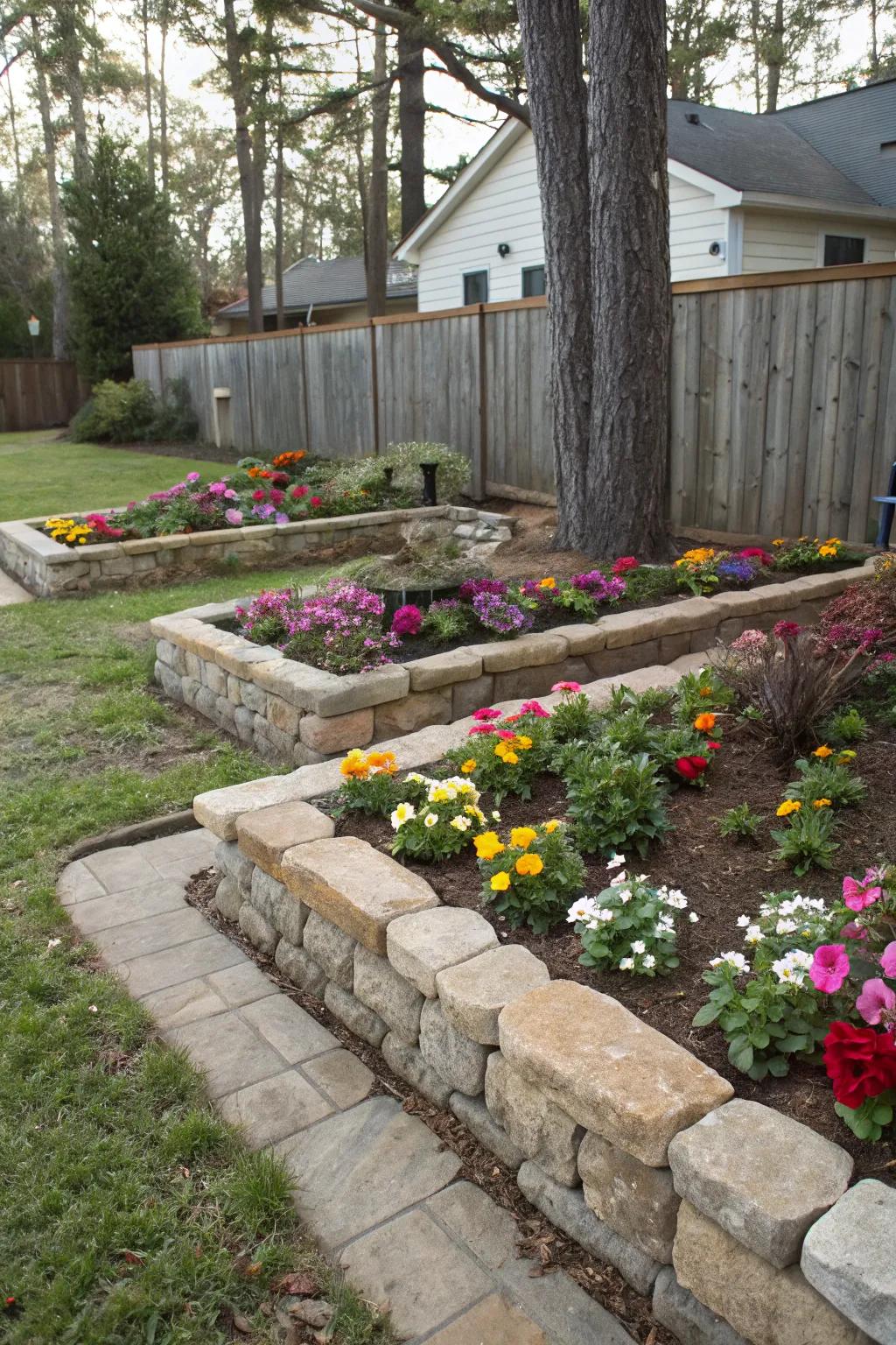 Charming stone borders framing a beautiful flower bed.