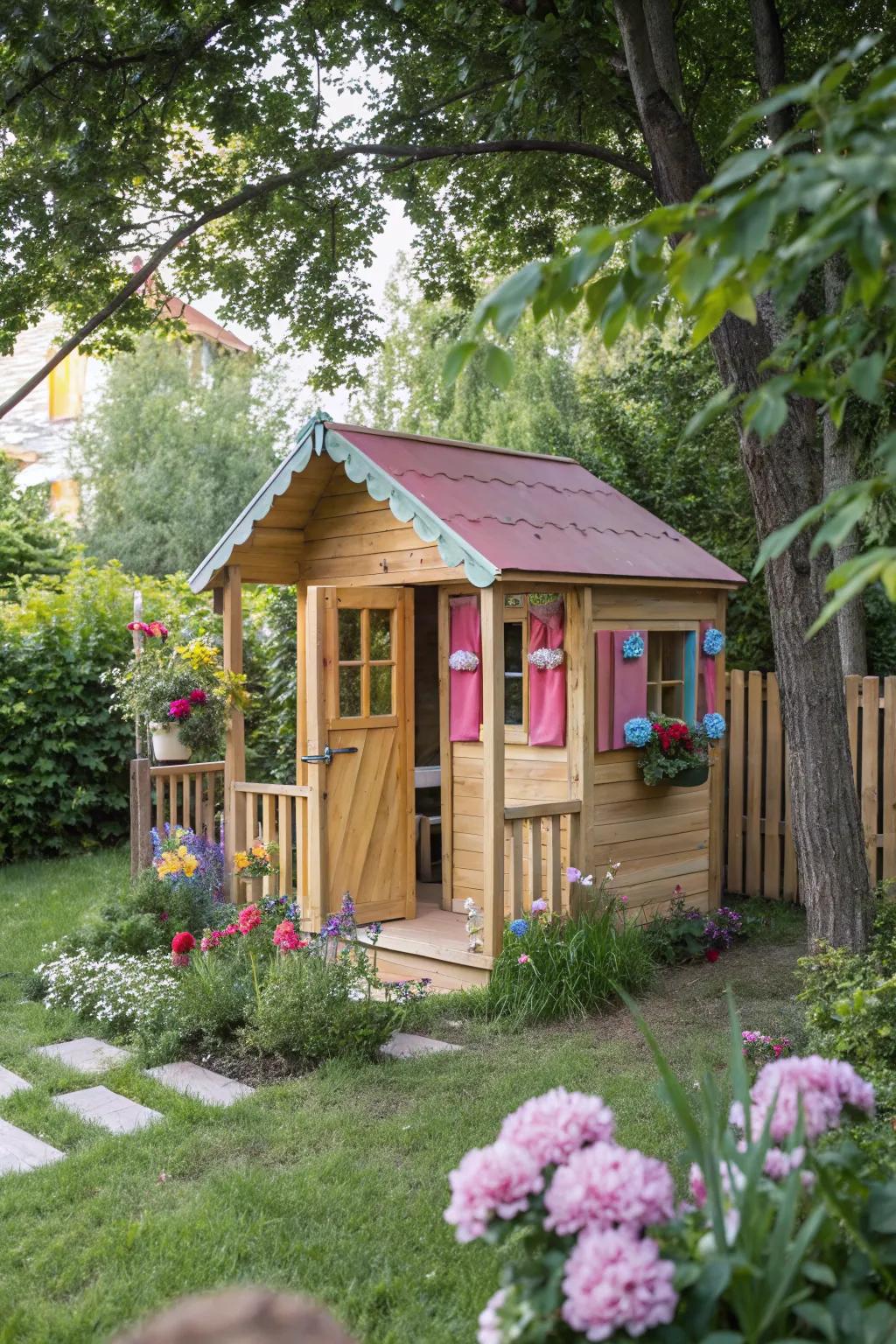 A classic wooden playhouse in a lush garden, perfect for imaginative play.