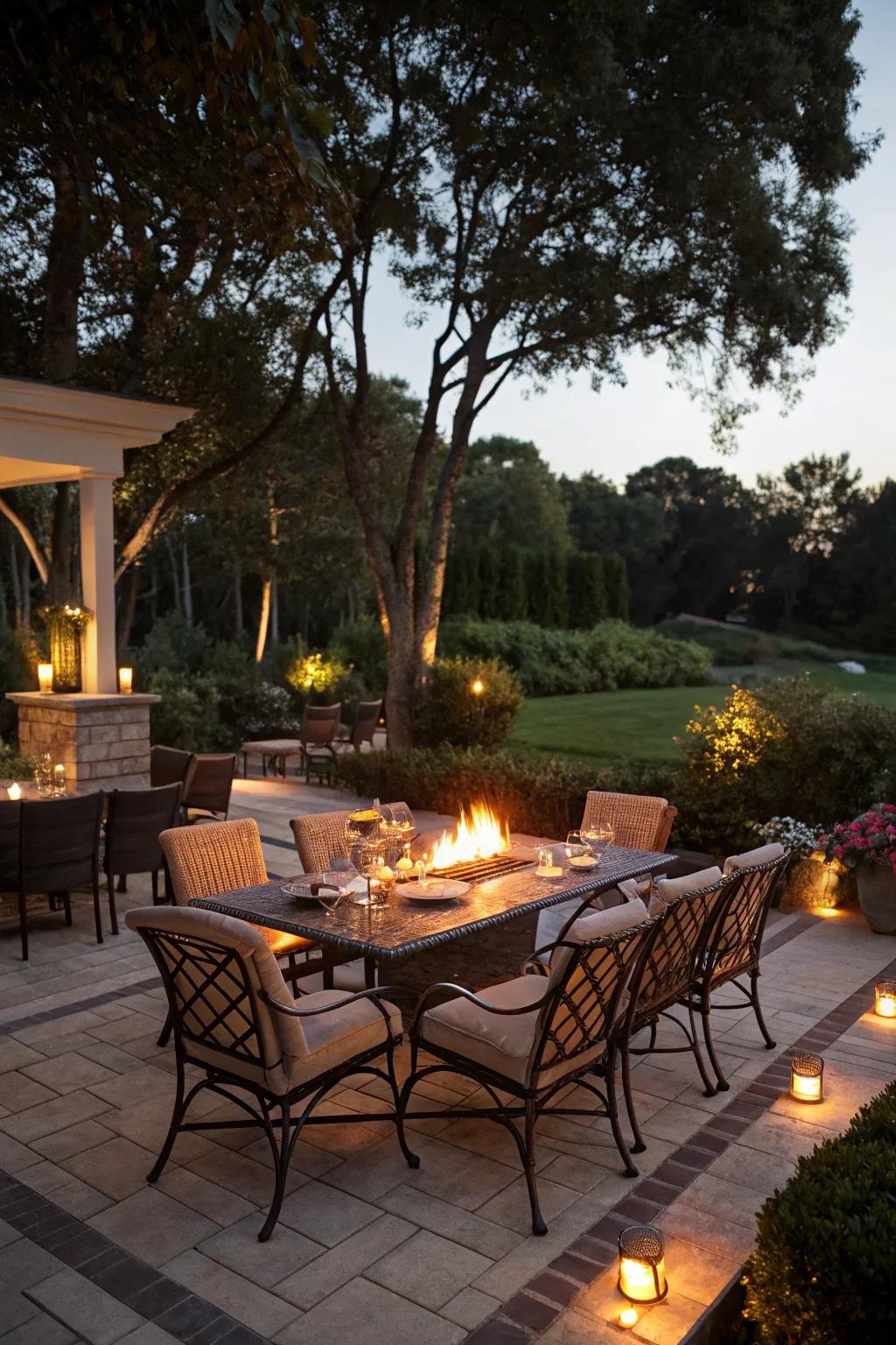 A fire pit table adds warmth to outdoor dining.