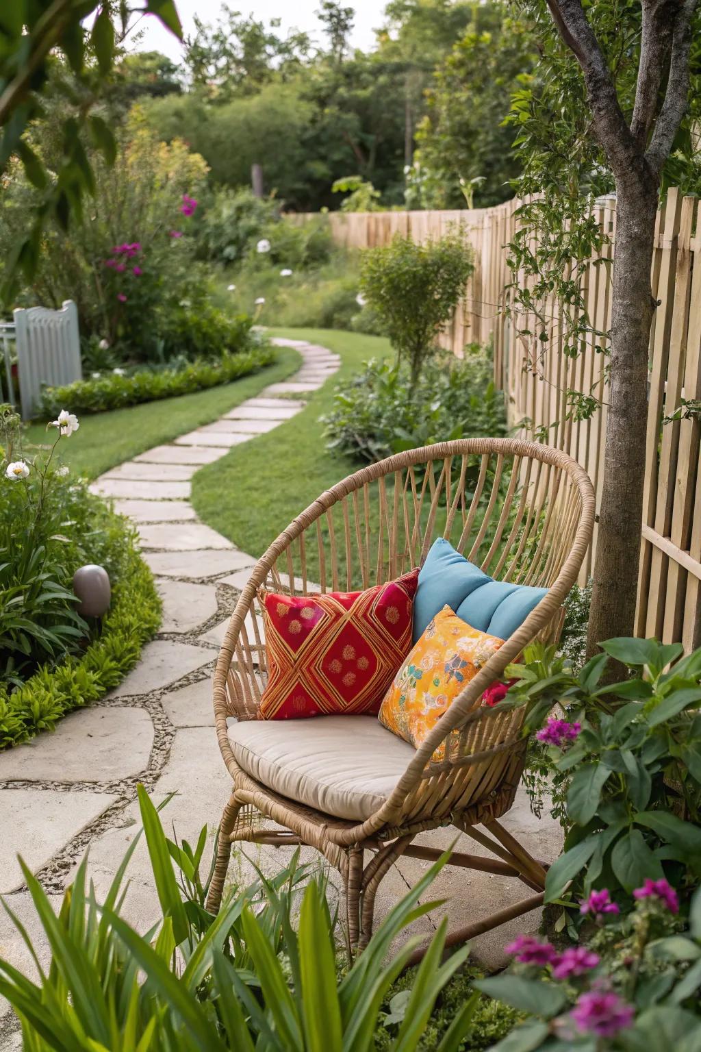 Retro rattan furniture with colorful accents