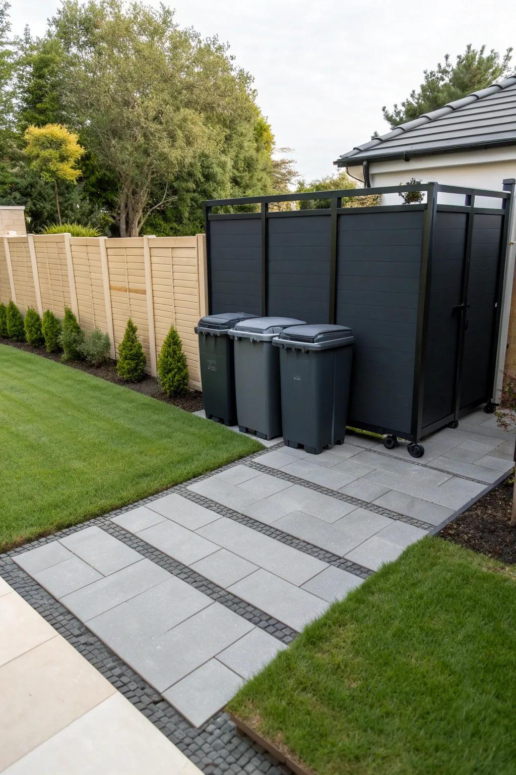 A practical vinyl screen making garbage bins disappear in a stylish backyard.