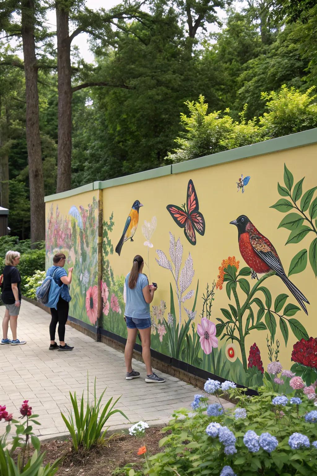 A whimsical wildlife mural adds a touch of nature to your backyard.