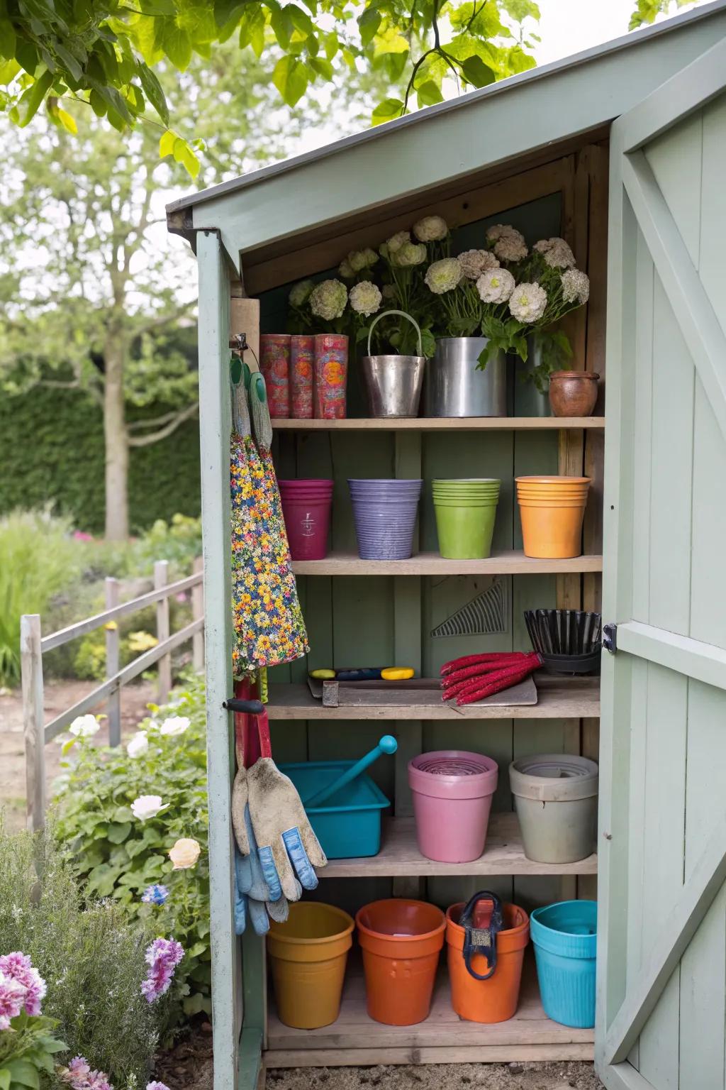 Shelving units offer a tidy solution for smaller gardening essentials.
