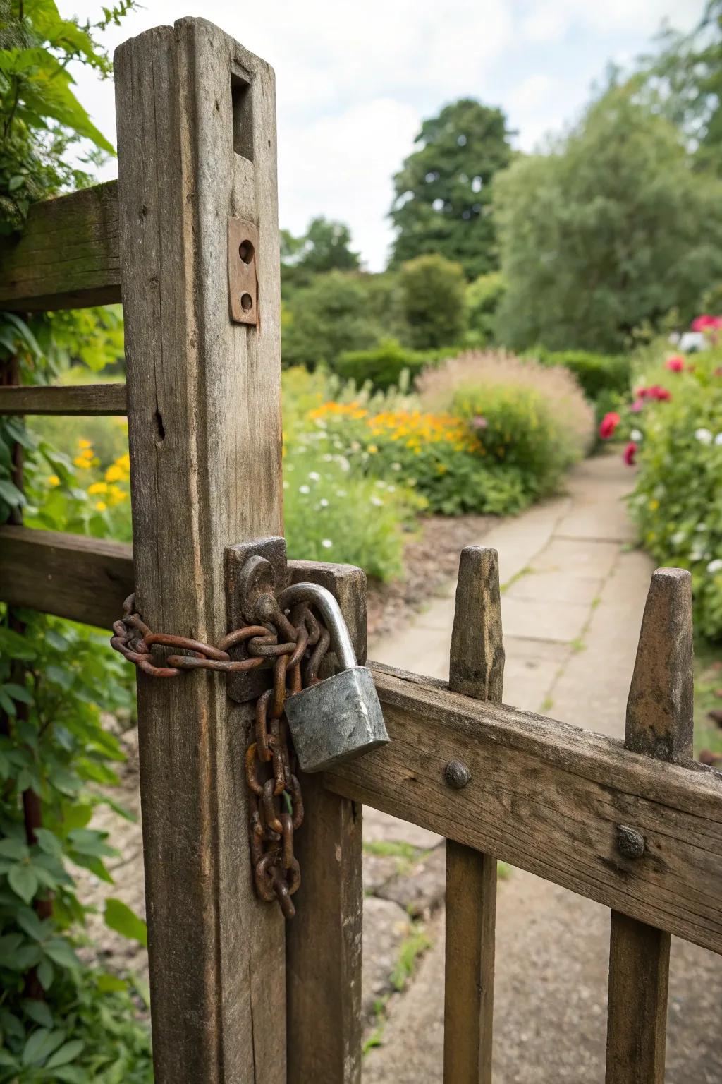 A sturdy heavy-duty lock on a wooden gate.
