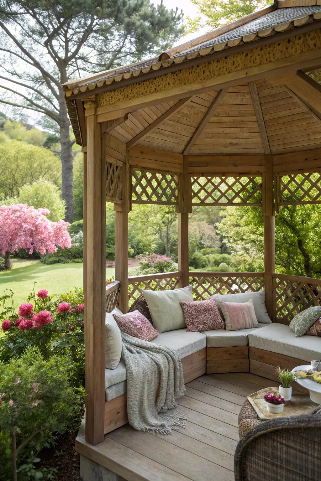 Turn your gazebo into a cozy nook with soft seating.