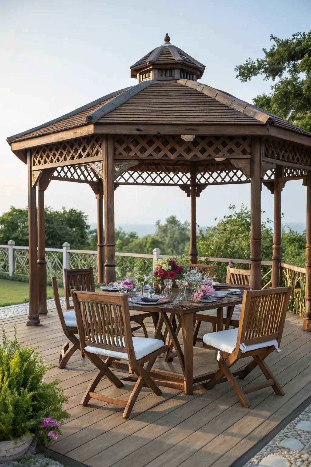 A dining table transforms your gazebo into a hub for meals and gatherings.