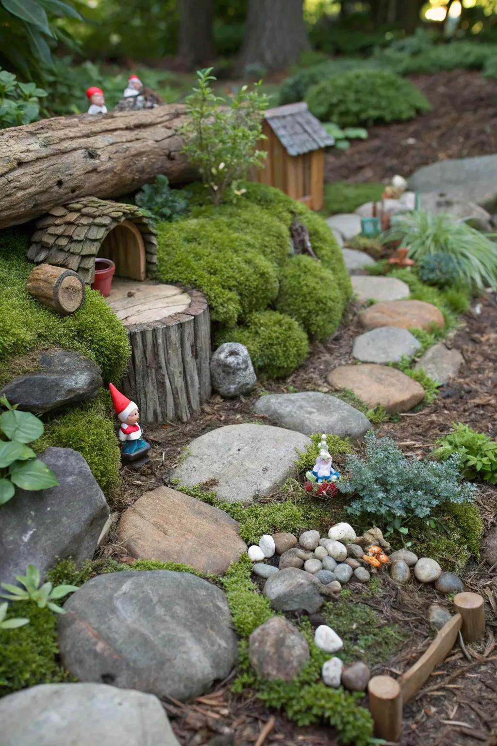 Natural elements like logs and rocks add rustic charm to a gnome garden.