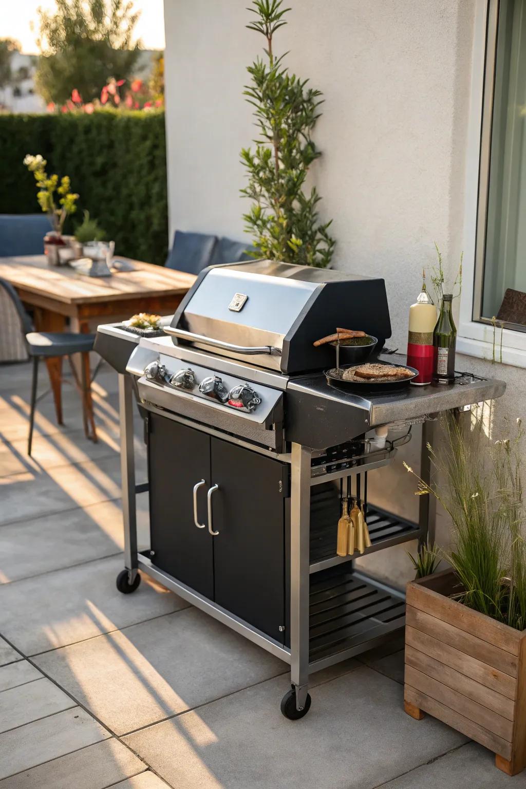 Enjoy the flexibility of a rolling grill cart for your outdoor cooking.