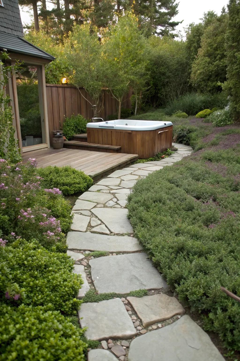 Enchanting stone pathways create a beautiful approach to your hot tub.