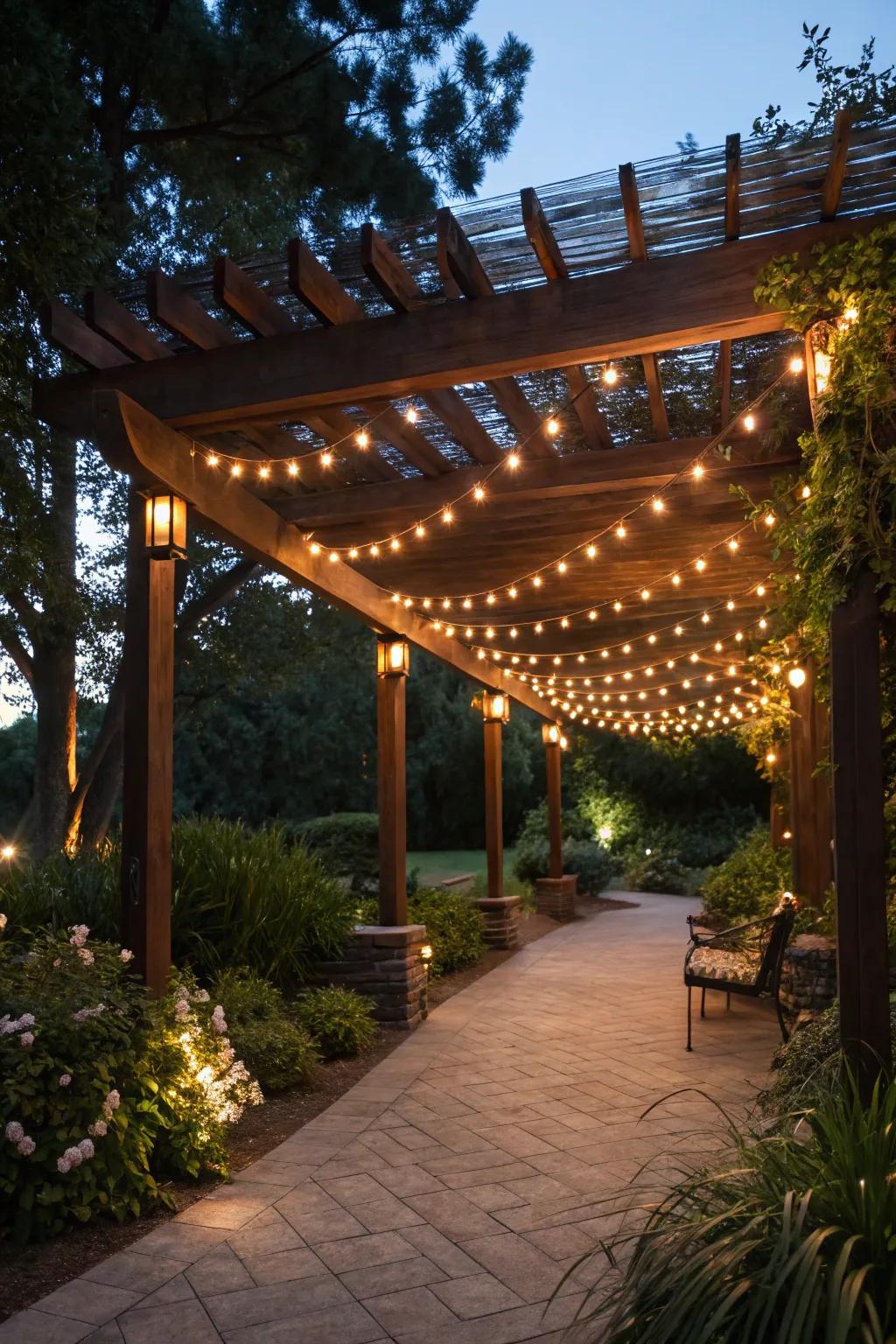 String lights create a magical ambiance under an outdoor pergola.