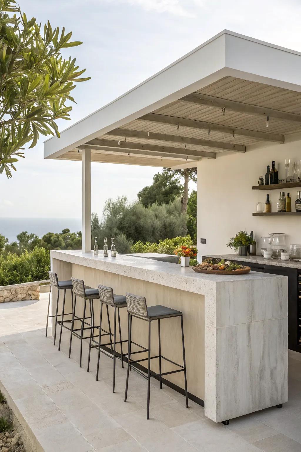 Minimalist outdoor island bar with sleek design.