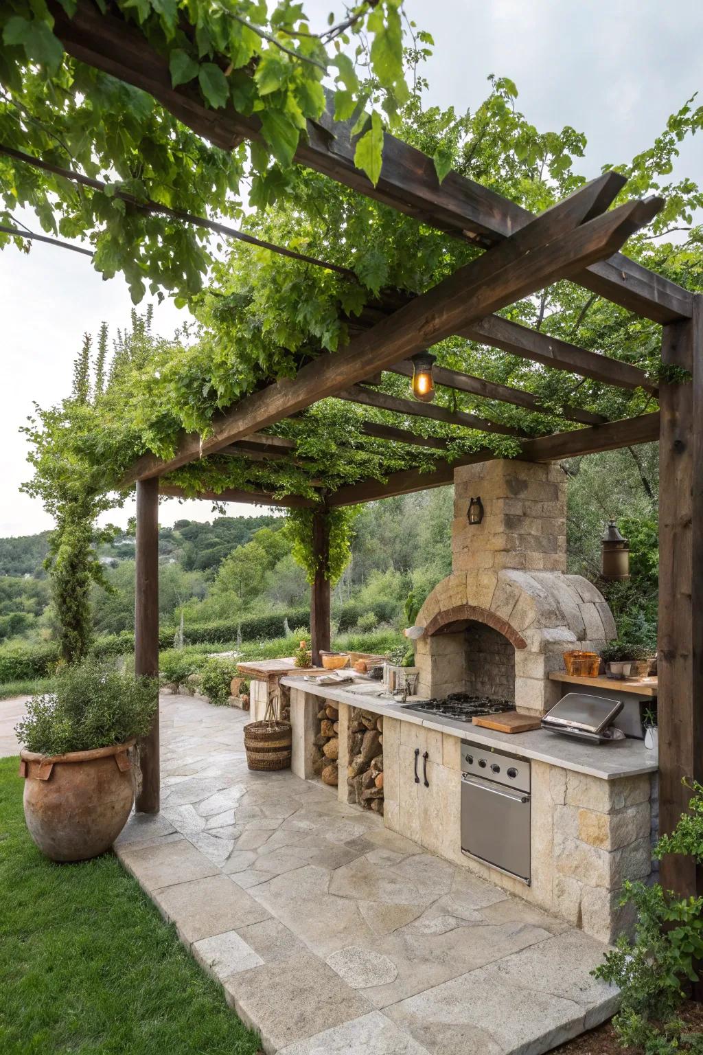 Create a natural canopy with a pergola and climbing vines.