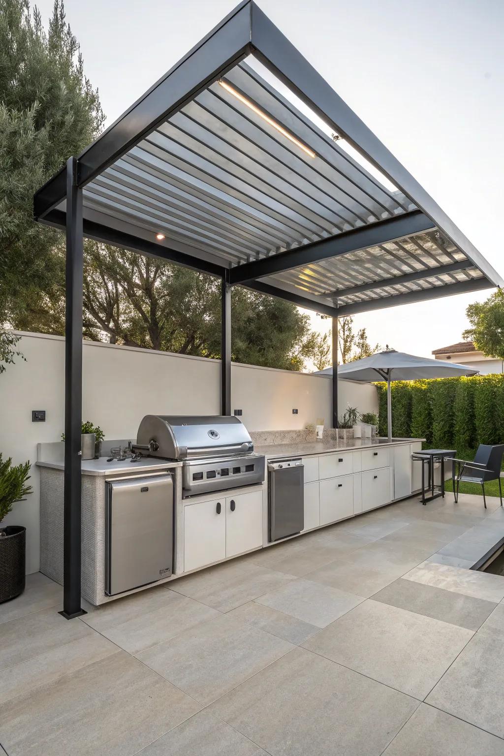 A sleek metal canopy creates a chic, modern outdoor cooking area.