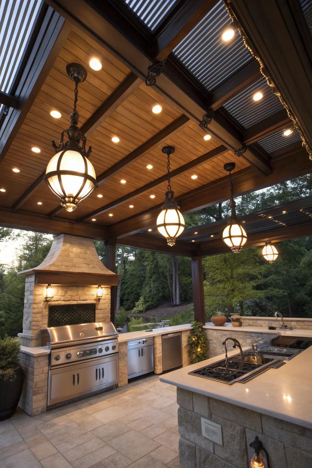 Elegant lighting fixtures transform the outdoor kitchen into a cozy evening retreat.