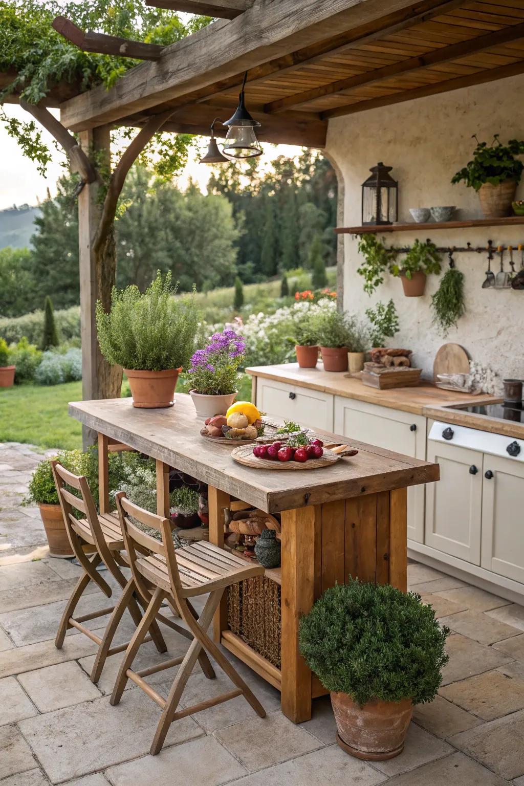 Rustic wooden countertops bring warmth to outdoor kitchens.