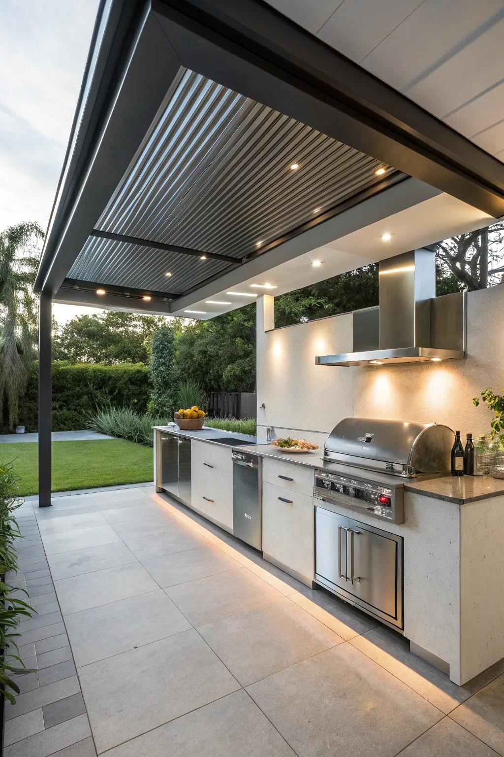 A modern metal canopy provides a sleek, durable cover for an outdoor kitchen.