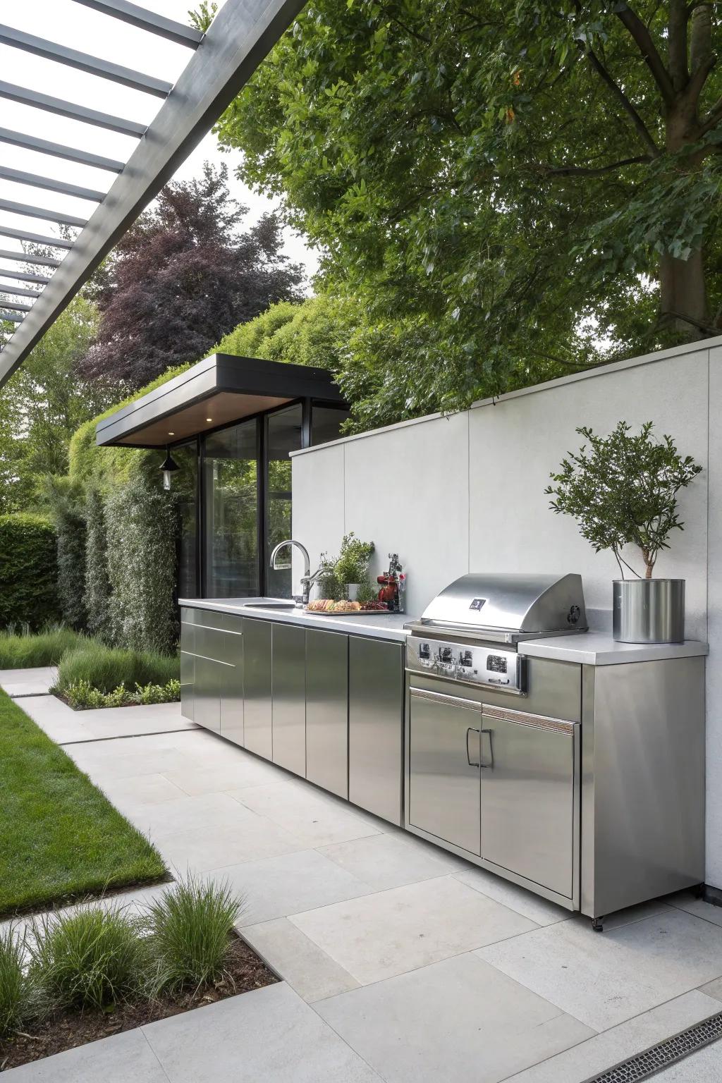 Metal panels provide a sleek, modern look to any outdoor kitchen.