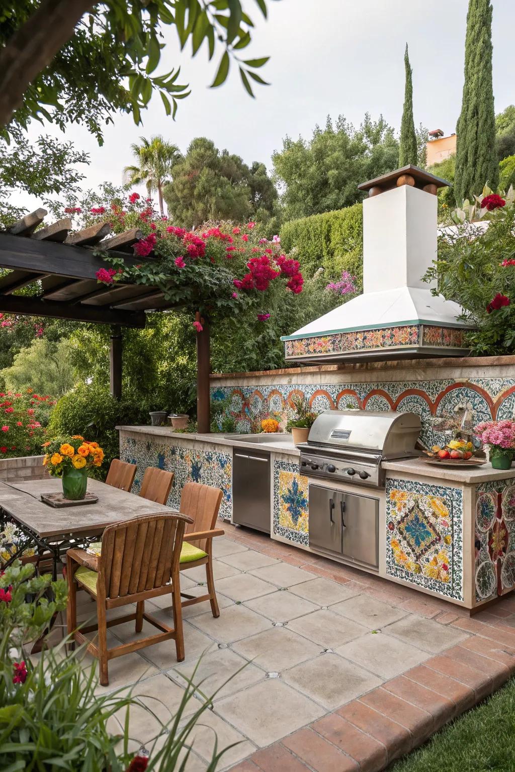Playful and vibrant patterned tiles in an outdoor kitchen setting.