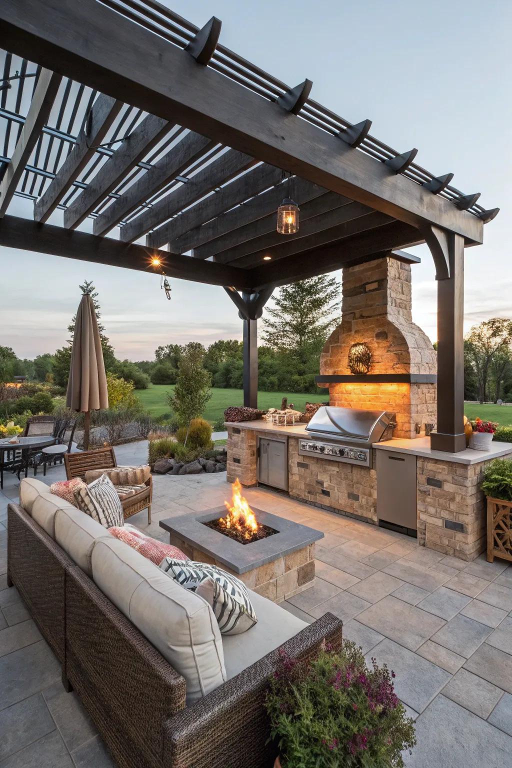 A delightful pergola provides shade for this outdoor kitchen and fire pit area.