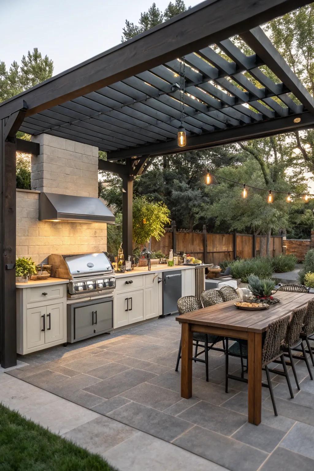 Pergola-covered outdoor kitchen with an offset smoker and dining space.