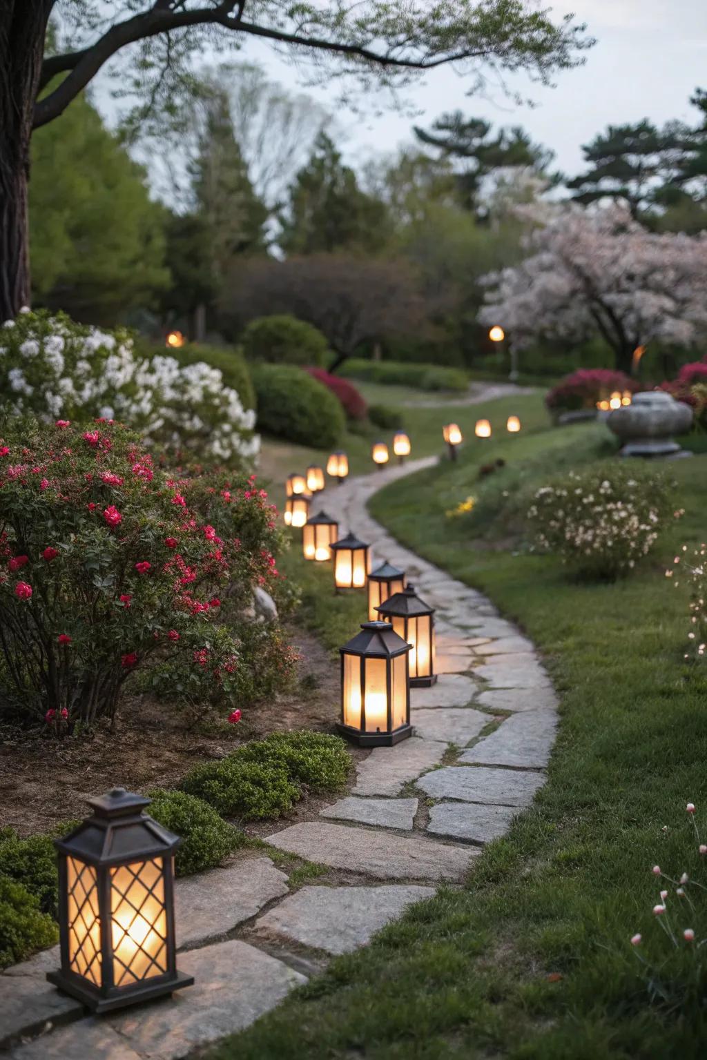 Illuminate your pathways with charming lantern clusters.