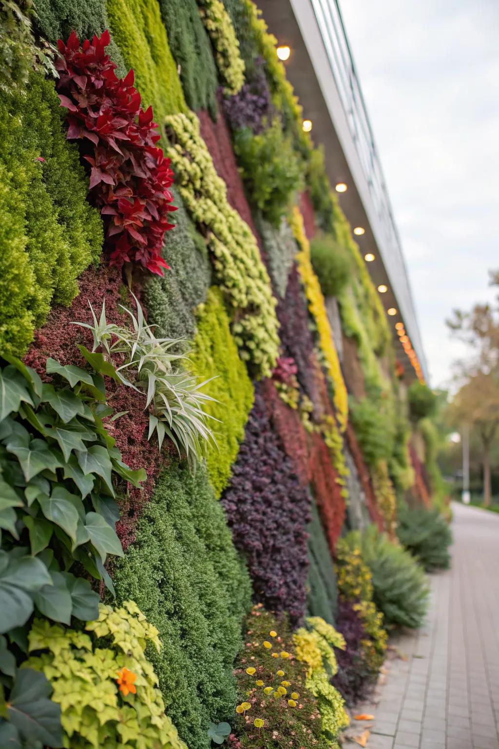 A vibrant mosaic of plants creates an eye-catching living wall.