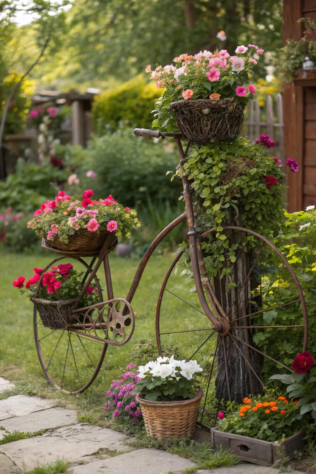 A touch of whimsy with the vintage-style bike plant stand.