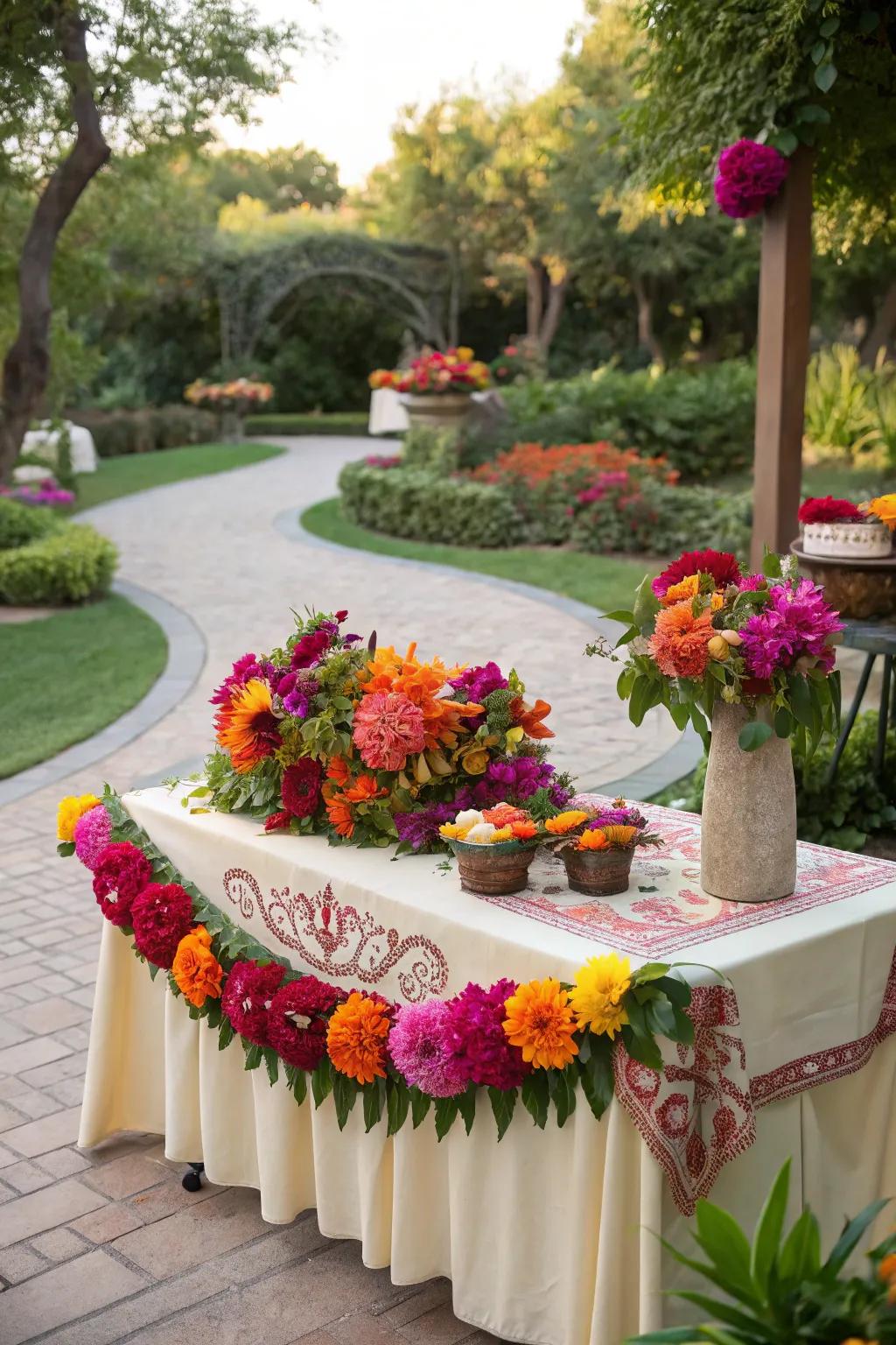 Colorful floral arrangements featuring dahlias and bougainvillea.