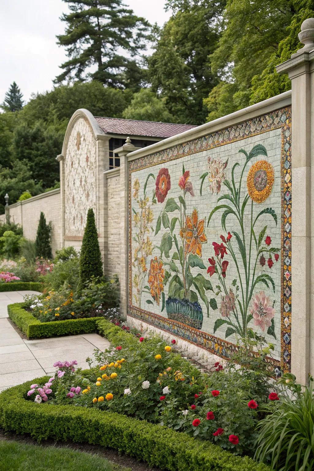 A striking mosaic mural that breathes life into a garden wall.