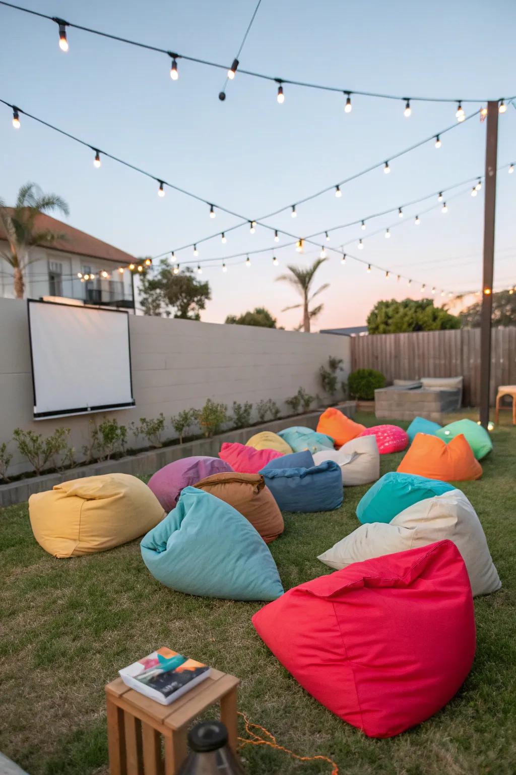Bean bags and cushions create a comfortable and inviting movie-watching experience.
