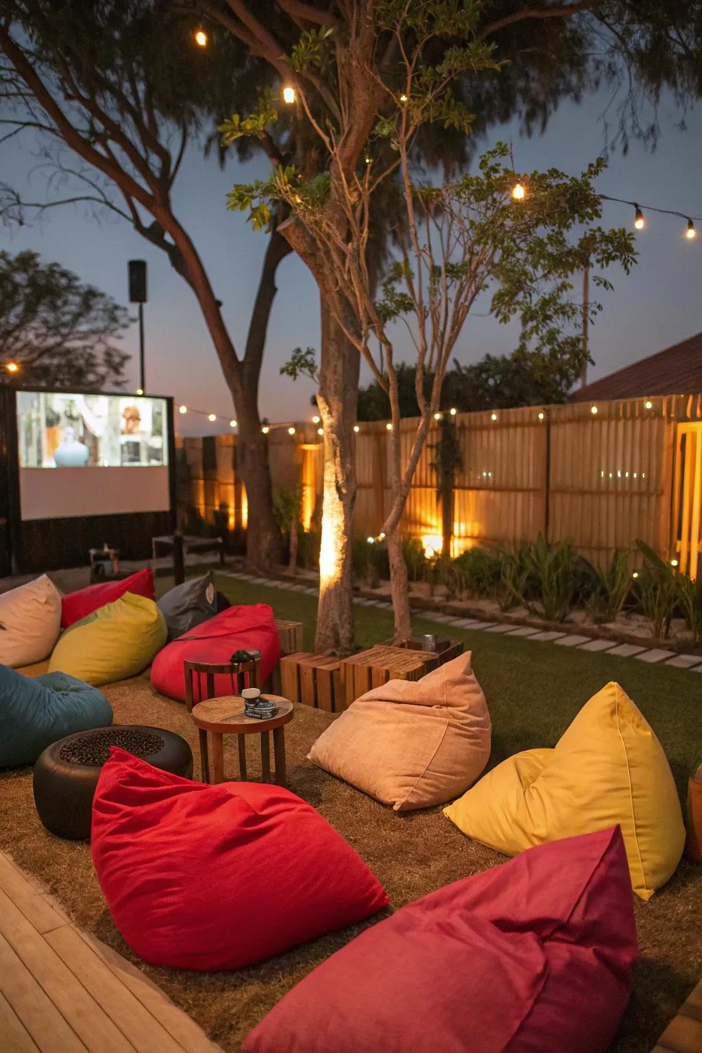 Comfortable seating is key to a relaxing movie night under the stars.