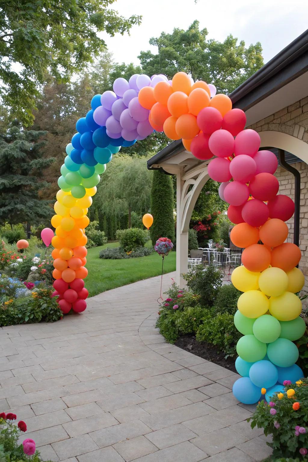 A vibrant balloon arch welcomes guests to the party.