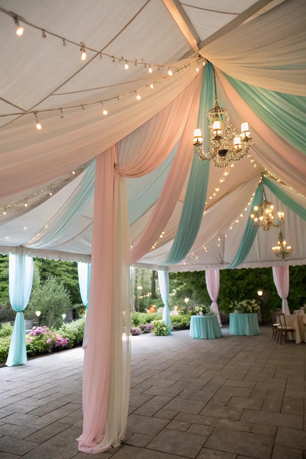 Draperies in soft pastels add elegance and match your event theme perfectly.