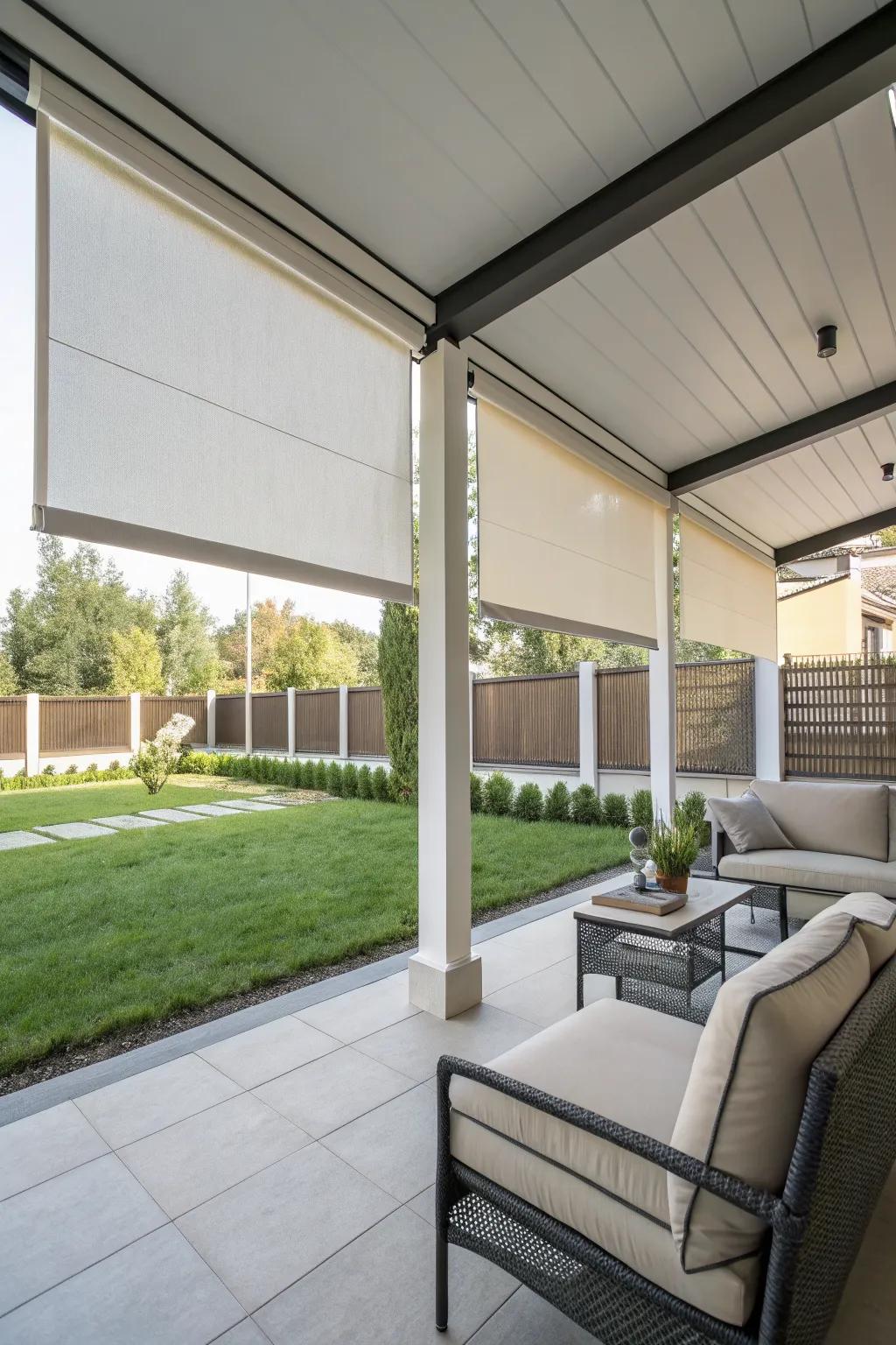 Roller shades for a sleek, modern patio look.
