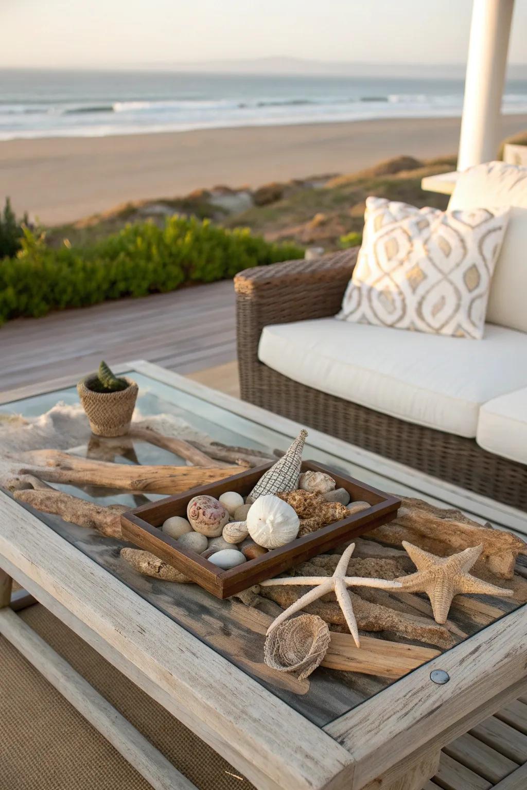 Driftwood and seashells create a calming coastal vibe.