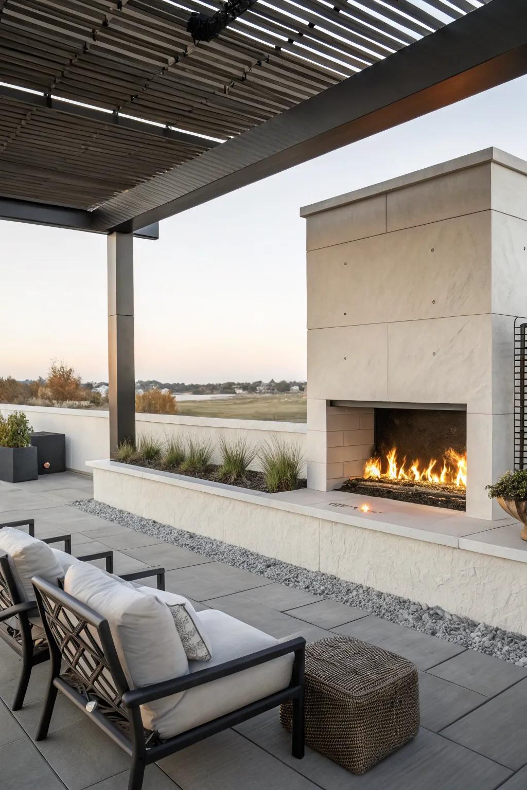 Sleek and stylish: a modern linear fireplace adds sophistication.