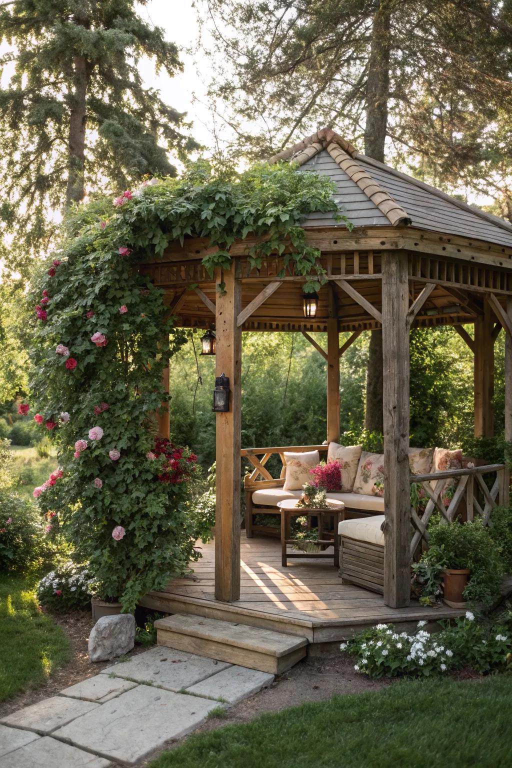 Enjoy natural beauty with a rustic wooden gazebo.