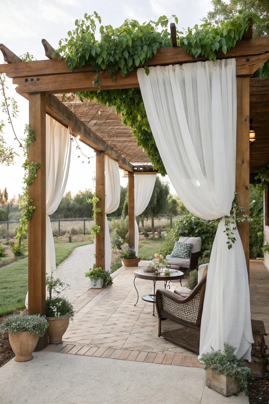 Create a romantic retreat with a pergola and draped fabric.