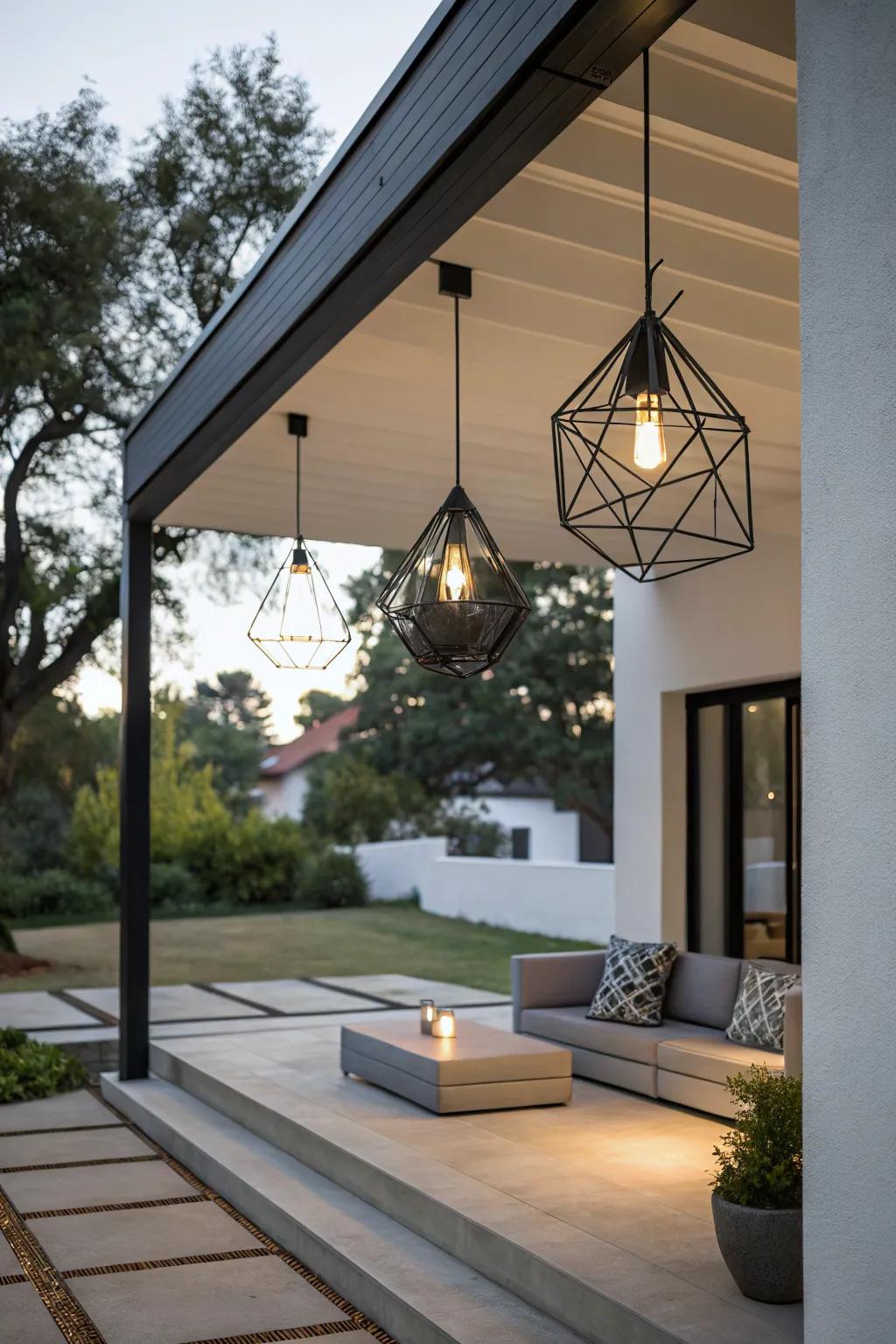 Sleek geometric pendants for a modern patio.