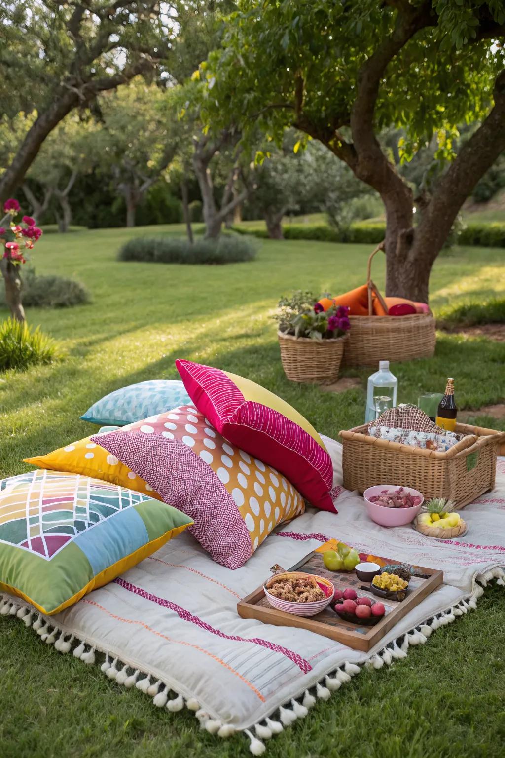 Cushions add comfort and a pop of color to the picnic.