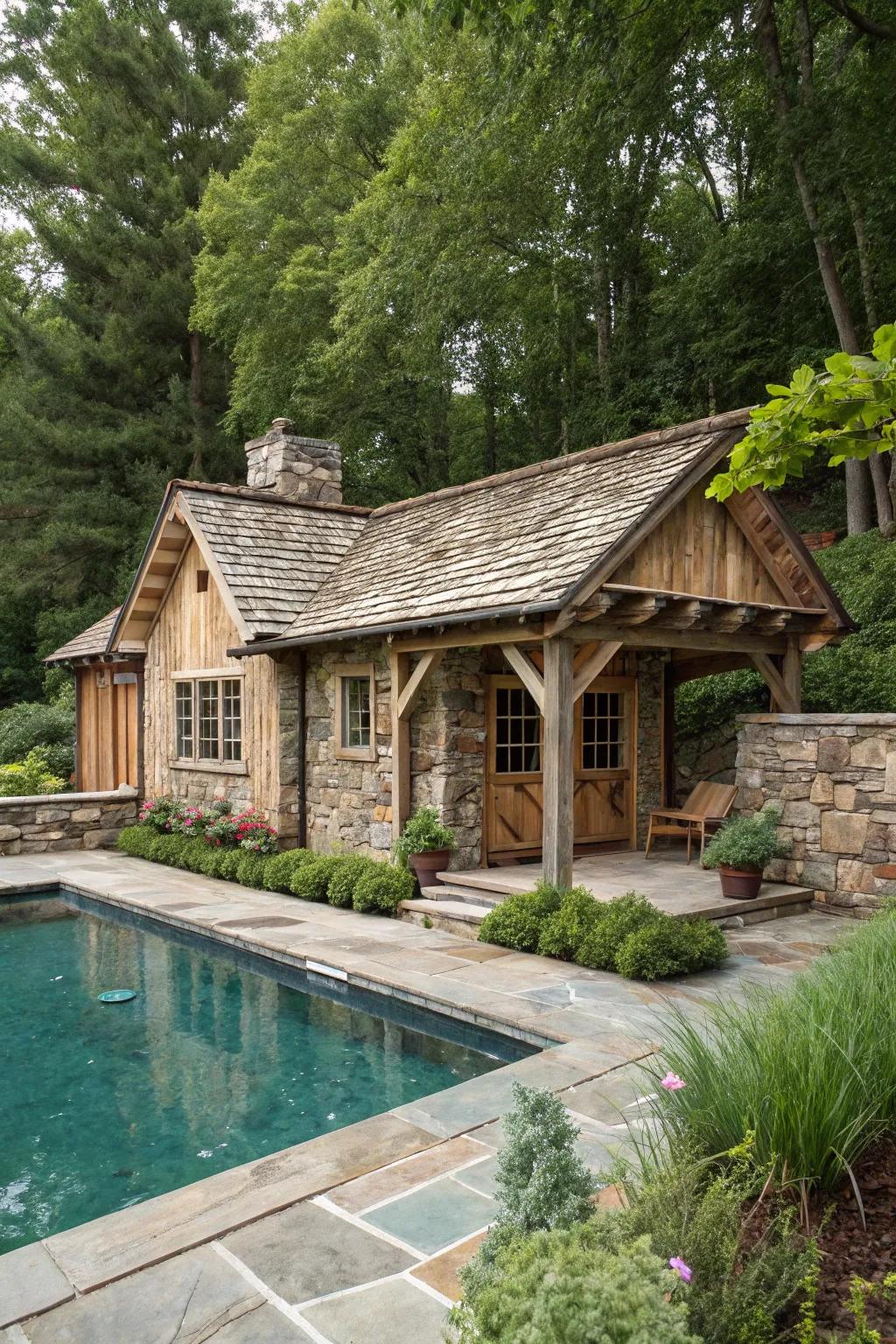 A rustic pool house with natural wood and stone elements for a cozy vibe.
